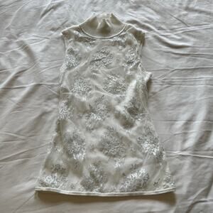 Cache white silver metallic floral mesh mock neck sleeveless top M